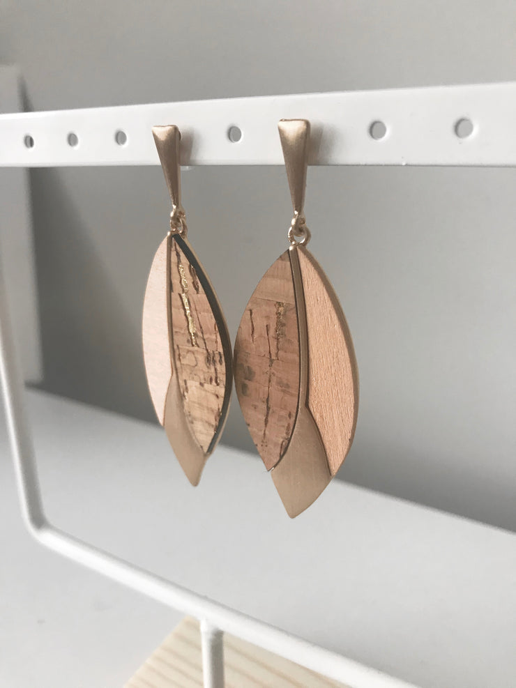 Cork and Gold Wood Earrings | Light Brown