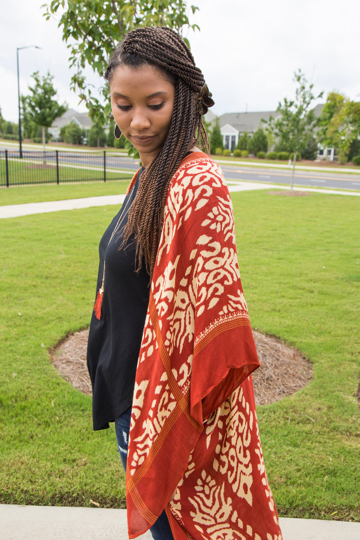 Damask Print with Angel Sleeves Kimono | Rust