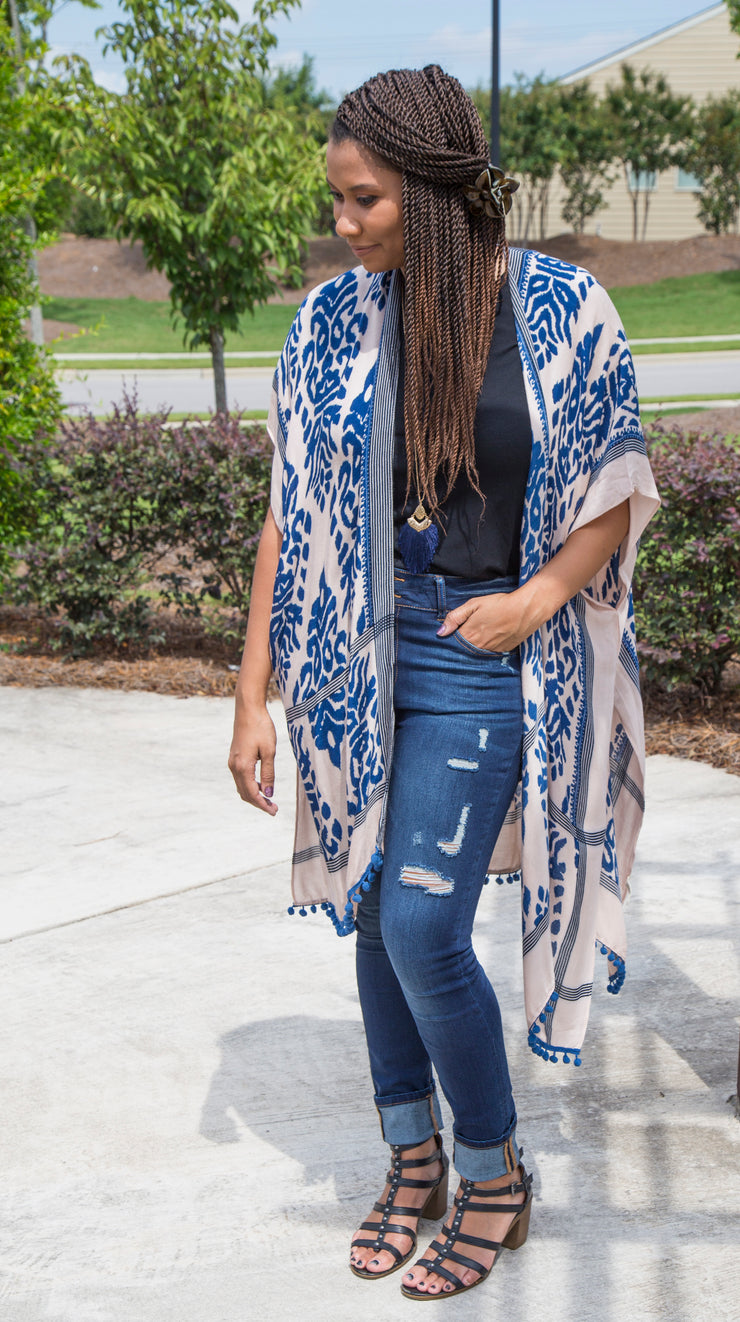 Damask Print Kimono | Navy & Cream