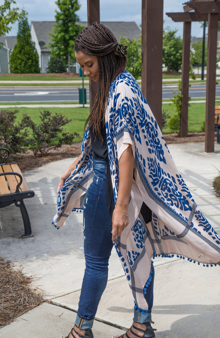 Damask Print Kimono | Navy & Cream