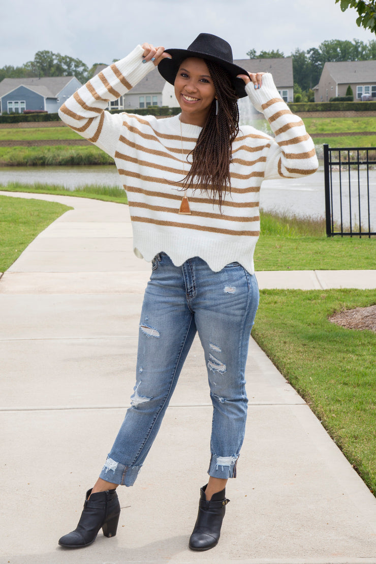 Stripe Sweater with Scallop Hem | Taupe