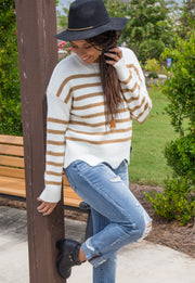 Stripe Sweater with Scallop Hem | Taupe