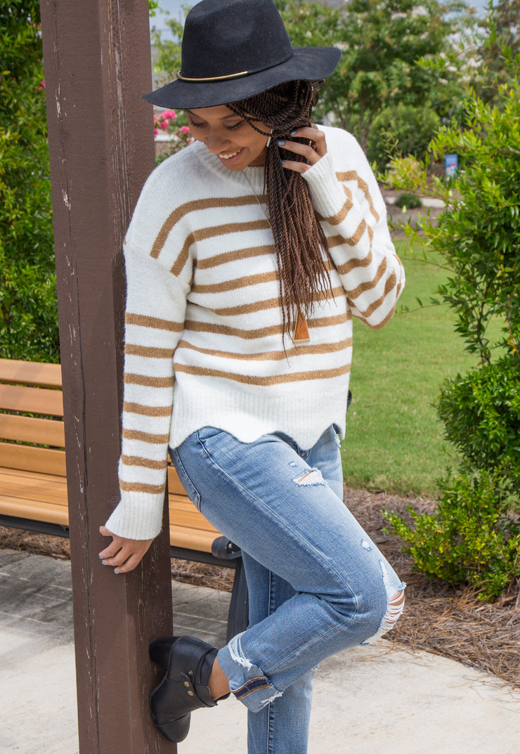 Stripe Sweater with Scallop Hem | Taupe