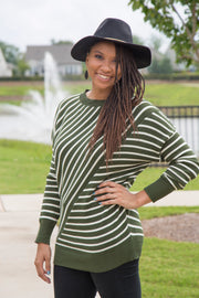 Asymmetrical Stripe Sweater | Olive