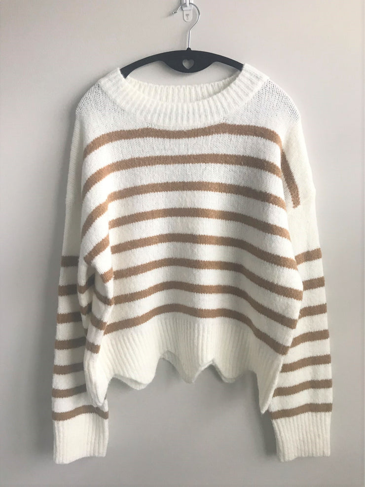 Stripe Sweater with Scallop Hem | Taupe